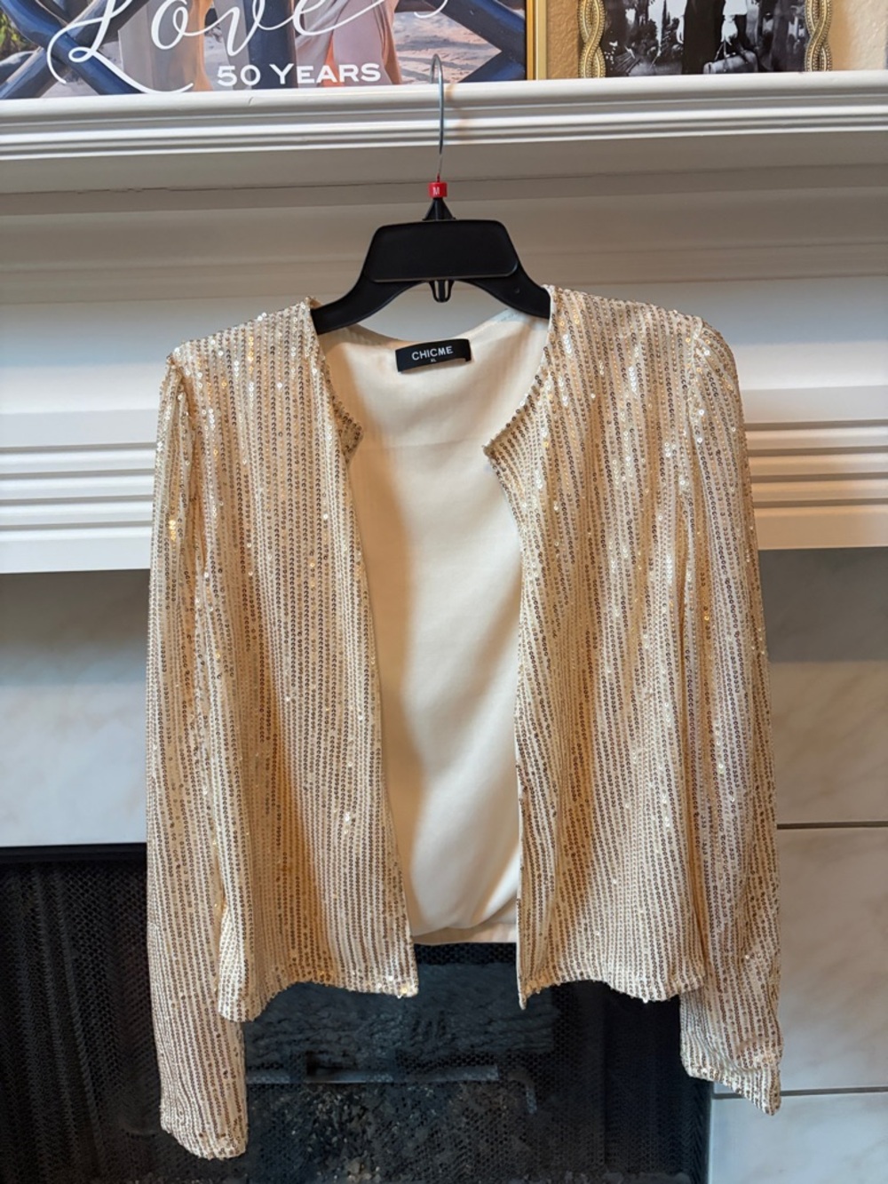 chic Champagne Sequin Open-Front Blazer